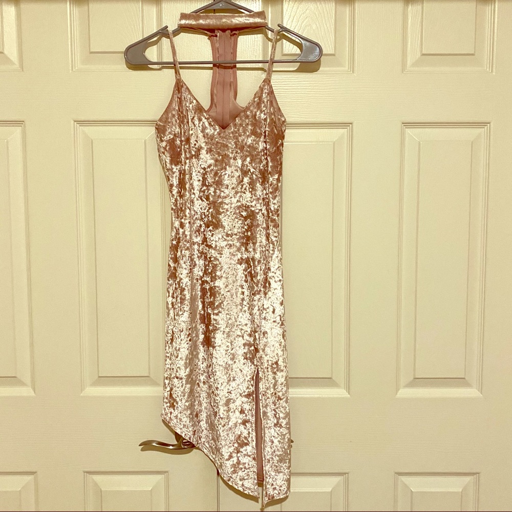 Pink crushed velvet dress with neck detail